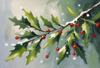 The primary subject of the image is a close-up of a green tree branch with red berries. The setting is a snowy environment, with snow covering the ground and surrounding the tree. The visual style is a painting, with the artist capturing the details of the tree branch and berries. The colors and mood of the image are predominantly green and red, creating a vibrant and lively atmosphere.